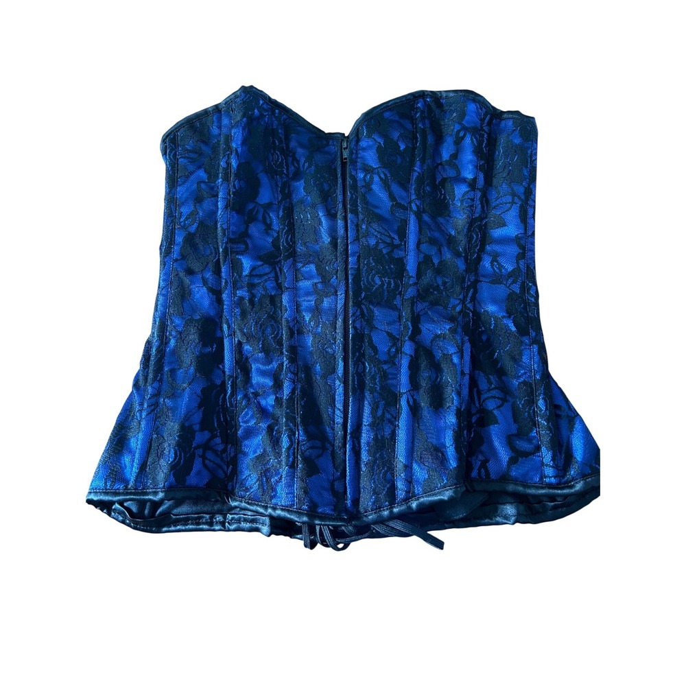Daisy Corsets Blue Black Floral Lace Zipper Front Lace Up Back Corset Top Large